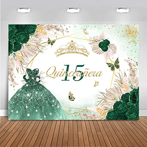 Mocsicka Quinceanera 15th Birthday Backdrop for Girls Princess Boho Green Eucalyptus Leaves Gold Dots Background Vinyl Bohemian Pampas Grass Miss Quince Anos Dress Party Decorations Banner (7x5ft)