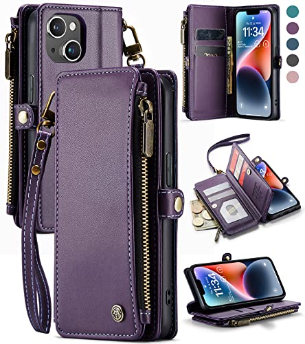 Defencase for iPhone 14 Case, RFID Blocking iPhone 14 Wallet Case for Women and Men with Credit Card Holder Slot Zipper Book Flip PU Leather Protective Cover for iPhone 14 Phone Case, Fashion Purple