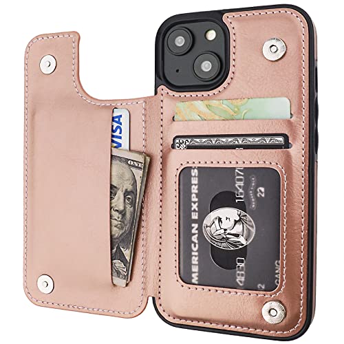 ONETOP Compatible with iPhone 14 Wallet Case with Card Holder, PU Leather Kickstand Card Slots Case, Double Magnetic Clasp and Durable Shockproof Cover 6.1 Inch (Rose Gold)