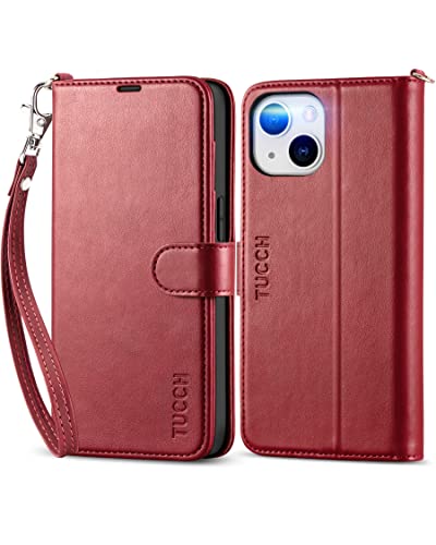 TUCCH Wallet Case for iPhone 14 6.1-inch 5G, RFID Blocking 4 Card Slots Magnetic Lanyard [Wriststrap], Stand PU Leather Shockproof TPU Shell Compatible with iPhone 14 2022, Dark Red with Wristlet