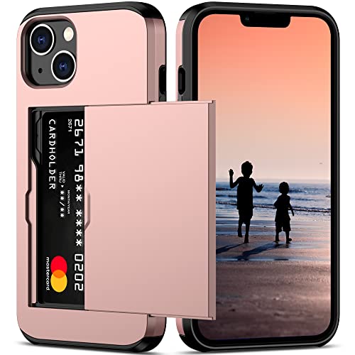 Nvollnoe for iPhone 14 Case with Card Holder Heavy Duty Protective Dual Layer Shockproof Hidden Card Slot Slim Wallet Case for iPhone 14 for Women&Men(Rose Gold)
