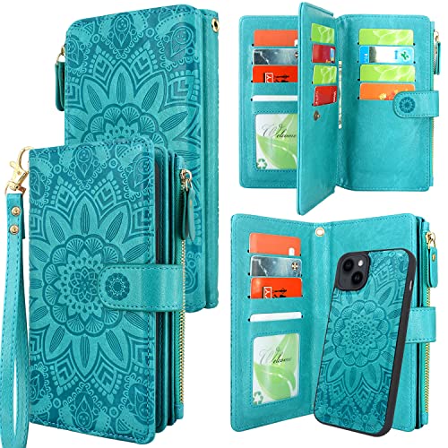 Harryshell Compatible with iPhone 14 6.1 inch 5G 2022 Wallet Case Detachable Magnetic Cover Zipper Cash Pocket Multi Card Slots Holder Wrist Strap Lanyard (Floral Blue Green)
