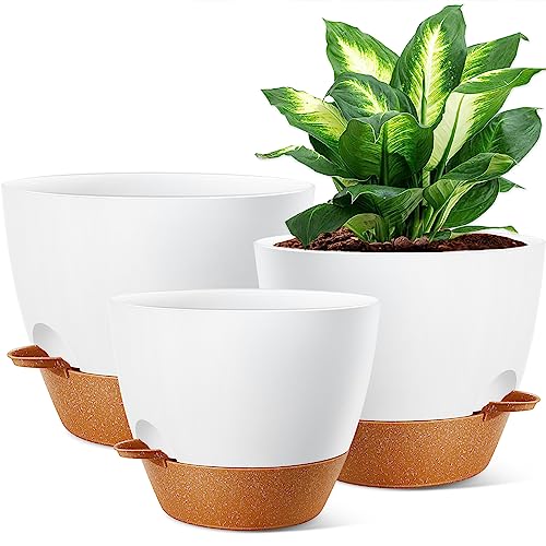 10/9/8 inch Self Watering Plant Pot with Drainage Holes and Saucers 3 Pack, Large Self Watering Pots for Indoor House Outdoor Plants, Modern Plastic Flower Pots, White Planters, Unique Planting Pots
