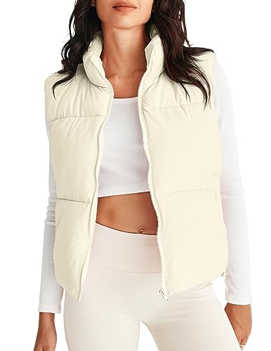 MEROKEETY Womens Puffer Vest Stand Collar Zip Up Sleeveless Padded Gilet Coat with Pockets, Beige, Large