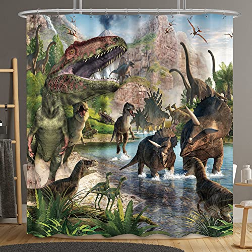 Riyidecor Dinosaur Shower Curtain Boys Kids Animal Dino Jungle Forest Mountain Decor Fabric Bathroom 72x72 Inch 12 Pack Plastic Shower Hooks Included WW-II4C