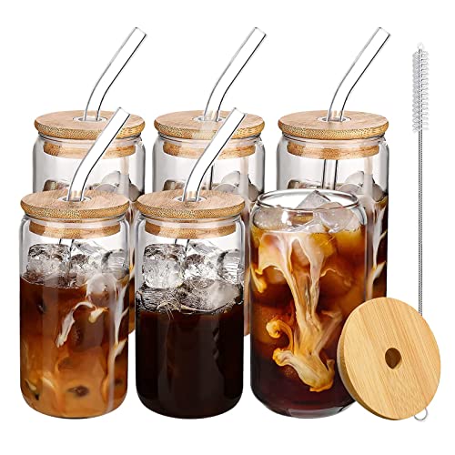 6pcs Glass Cups with Bamboo Lids and Glass Straw, 16 Oz Can Shaped Glasses, Beer Glasses, Iced Coffee Glasses, Cute Tumbler Cup, Best Gift for Women, DIY Glasses,Ideal for Cocktail, Whiskey, Soda, Tea