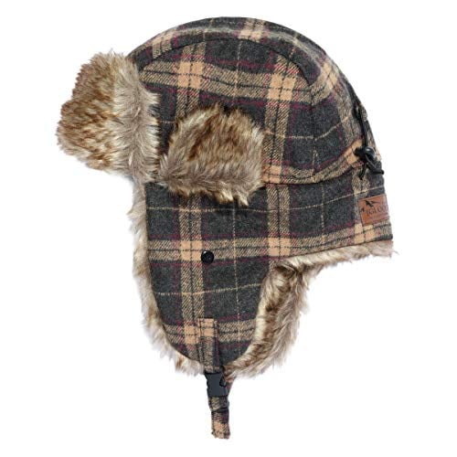Igloos Mens Wool Blend Trapper Hat, Faux Fur Earflaps, Brown Plaid, Medium/Large