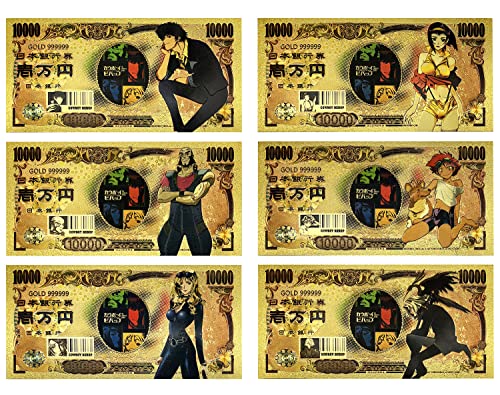 YJacuing Anime Cowboy Bebop Gold Coated Banknote, Limited Edition Collectible Bill Bookmark (6 PCS Collection)