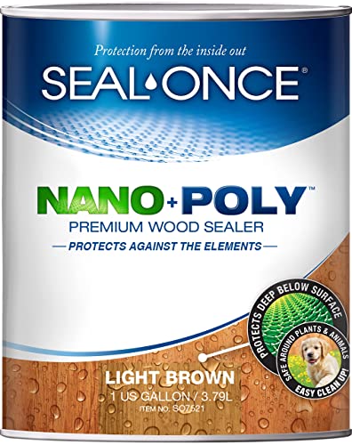 Seal-Once Nano+Poly Penetrating Wood Sealer with Polyurethane - Premium Waterproof Sealant -1 Gallon & Light Brown