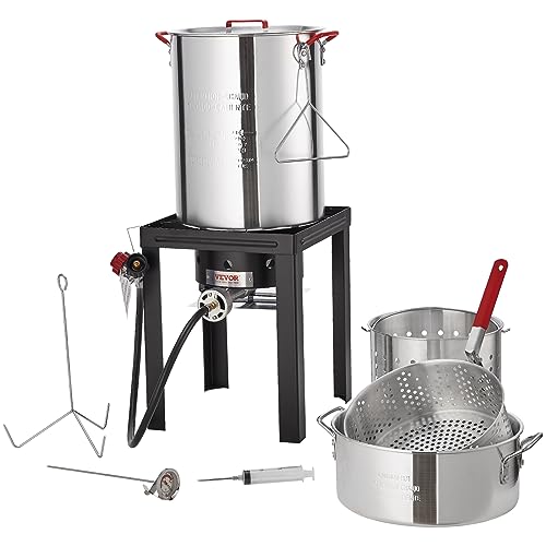 VEVOR Turkey Deep Fryer, 30-qt Turkey & 10-qt Fish Steamer Cooker Set, Outdoor Aluminum Seafood Frying Pot, 54,000 BTU Burner Propane Gas Boiler, Includes Baskets, Perforated Poultry Rack, Thermometer