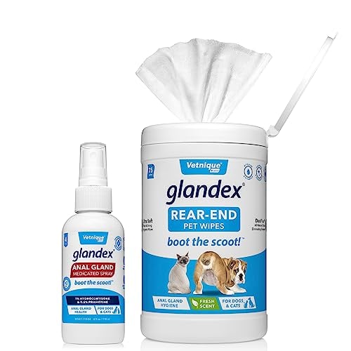 Glandex Anal Gland Medicated Spray for Dogs & Cats (4oz) and Glandex Anal Gland Hygienic Pet Wipes 75 Ct Bundle, Dog Deodorizing Spray & Anti-Itch Spray for Dogs, Dog Cleaning Wipes with Fresh Scent