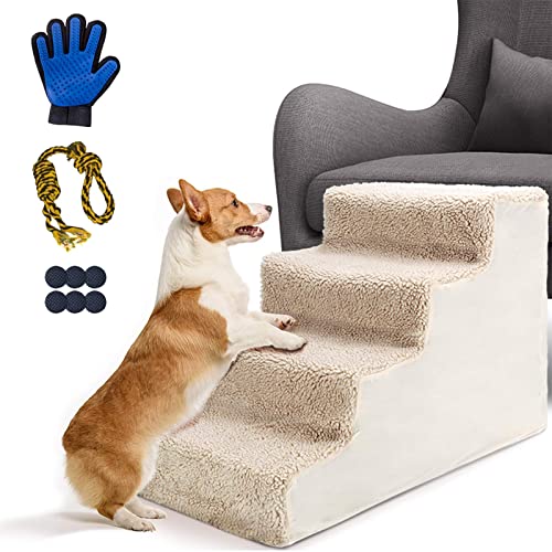 Kphico Plastic 4 Steps Dog Stairs, Non-Slip Wide Pet Stairs with Washable Fiber Cover, Dog Steps for Small Dogs & Cats Climbing Couch, Bed, Send 1 Pet Grooming Gloves & Dog Rope Ball, Khaki