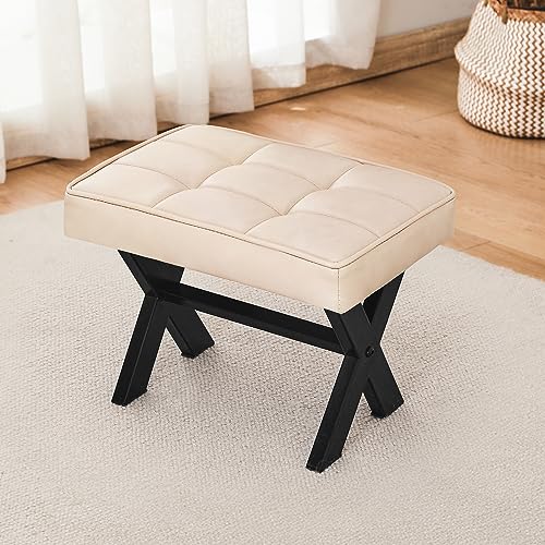 LUE BONA Foot Stool, 12" H Small Foot Stools Ottoman, Durable Faux Leather Footstool with Metal X-Leg, Padded Foot Rest Step Stool Extra Seating for Living Room, Bedroom, Entryway, Office, Almond