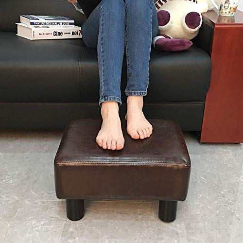 SCRIPTRACT 16" Small Footstool PU Leather Ottoman Footrest Modern Home Living Room Bedroom Rectangular Stool with Padded Seat (Brown)