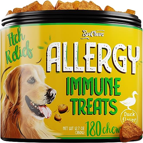ZooChews Allergy Support Treats - Dog Allergy Relief Chews with Omega 3 Colostrum, Biotin - Supports Skin and Coat for Dogs and Seasonal Allergies - Dog Vitamins for Immune Support (Duck, 180 Chews)