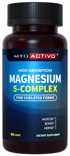 MyoActivo 5-in-1 Magnesium Complex - High Absorption - Chelated Magnesium Glycinate, Malate, Citrate, Taurate, & Aspartate for Calm, Stress, Muscles, Bones | 60 Capsules | Magnesium Supplement