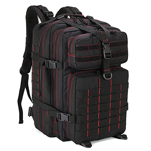 LHI Tactical Military Backpack Large Army 3 Days Assault Pack Molle Backpack Bug Out Bag for Camping - Black with Red Line