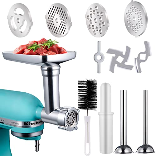 HOMER Metal Food Grinder Attachment for Kitchen Aid Stand Mixer, Meat Grinder Attachment including 2 Sausage Stuffer Tubes, 2 Grinding Blades, 4 Grinding Plates for Make Sausages, Meat Sauce