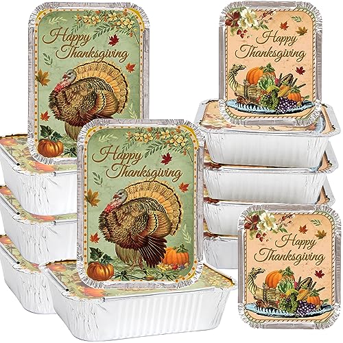 WorldBazaar Thanksgiving Aluminum Food Containers with Lids Vintage Thanksgiving Leftover Containers with Lids 24 PCS 2 Size Disposable Turkey Aluminum Containers Thanksgiving Party Favors