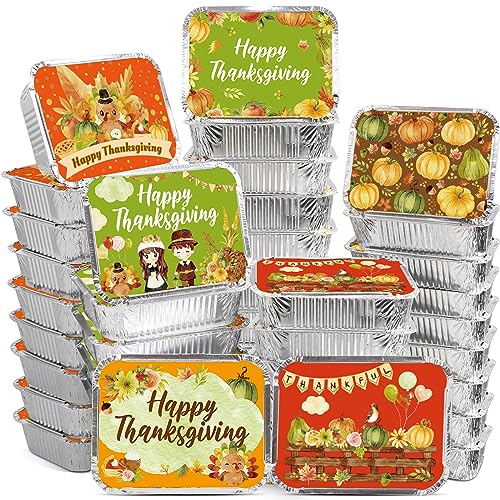 WorldBazaar Thanksgiving Aluminum Food Containers with Lids 36PCS Watercolor Thanksgiving Leftover Containers Disposable Turkey Aluminum Containers Thanksgiving Party Supplies