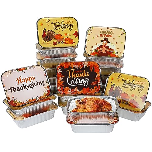 Roseeyo 40 Pcs Thanksgiving Foil Pans with Lids, Disposable Foil Food Containers with Harvest Themed Cardboard Covers, Aluminum Foil Baking Pan Cake Pans for Cooking, Heating, Roasting, Takeout