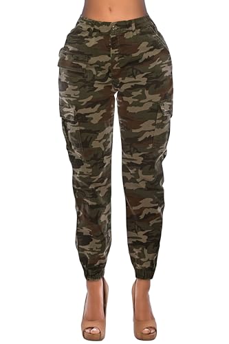 Women's High Waist Jogger Pants - Casual Cargo Elastic Waistband Sweatpants Tapered Fatigue with 6 Pockets SCP-2049 Camo M
