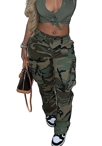 HuiSiFang Women's Cargo Pants Camo Print Regular Fit Straight Leg Casual Long Pants with Pockets