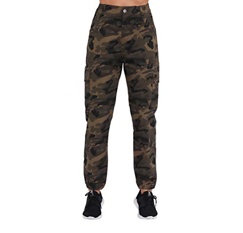 ZODLLS Women's Camo Pants Cargo Trousers Cool Camouflage Pants Elastic Waist Casual Multi Jogger Pants with Pocket Olive Camo-XL