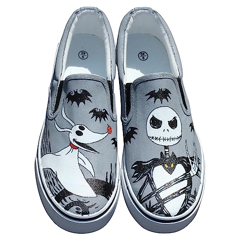 Jack and Sally Hand Painted Slip-on Sneakers Animation Custom Canvas Shoes Unique Christmas Gifts Nightmare