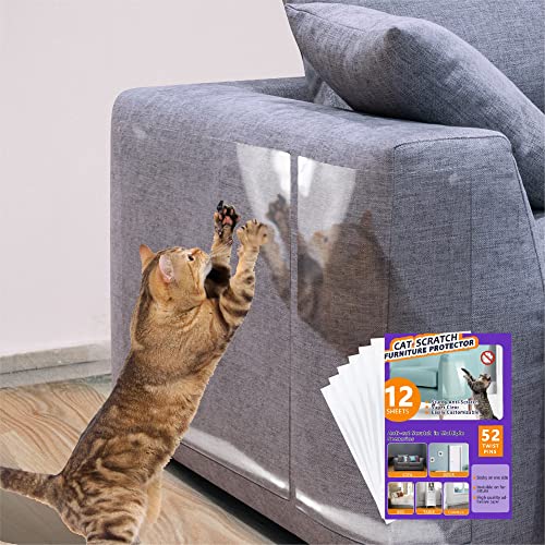 Anti Cat Scratch Furniture Protector-12 Pack Single Side Couch Protector for Cats, Self-Adhesive Cat Tape for Furniture, Clear Cat Scratch Deterrent for Furniture Door Wall