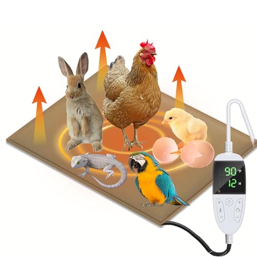 Fisoceny Chicken Heating Pad Waterproof Pet Heated Mat Adjustable Digital Thermostat Heater Warming Blanket with Timer Anti Bite Wire Warmer Bed for Small Animals,Puppy Dogs,Cats,Rabbit,Reptile,Birds