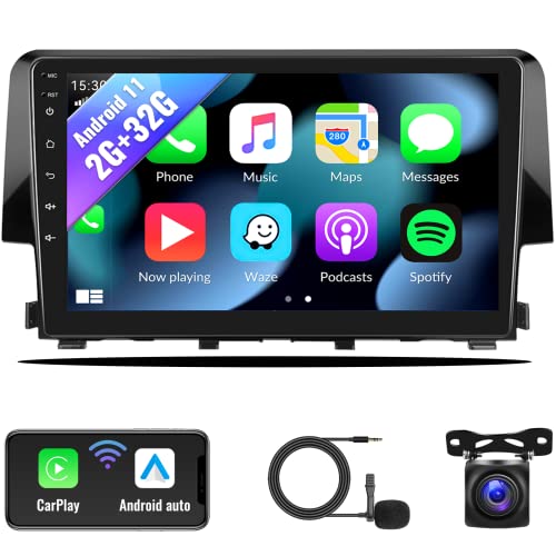 Android 11 Car Stereo Radio for Honda Civic 2016 2017 2018 2019 2020 with Wireless Apple CarPlay Android Auto 2G+32G 9 Inch Touchscreen Bluetooth GPS Navigation WiFi HiFi FM Backup Camera MIC