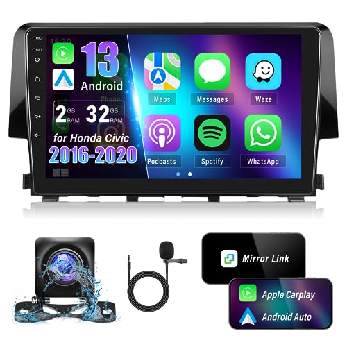 [2G+32G]Android 13 Car Stereo for Honda Civic 2016-2020 with Wireless Apple Carplay Android Auto,9'' HD Touchscreen Car Radio with Mirror link WiFi GPS Navigation Bluetooth FM/RDS SWC+AHD Rear Camera