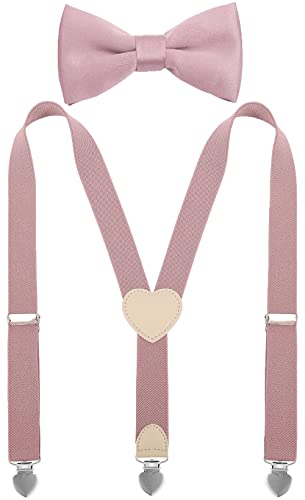 YJDS Boys' Suspenders and Bow Tie Set Y Back Heart-Shaped Clips 39 IN Blush Pink