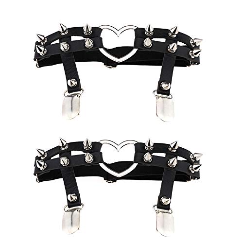 Jurxy 2PCS Gothic Studded Heart Garters Leg Ring Leg Elastic Punk Harness Garter Belt Adjustable Suspender with 2 Metal Clips  Black