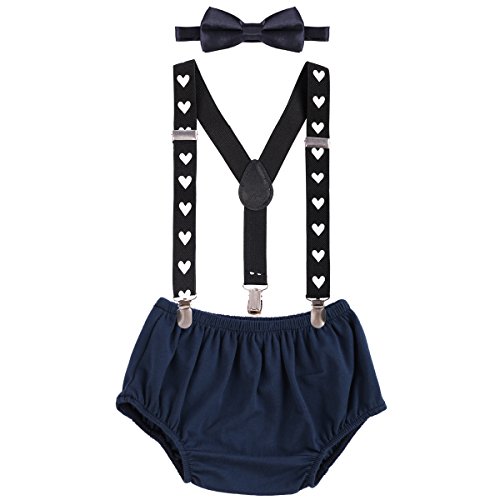IBTOM CASTLE Baby Boys Adjustable Y Back Elastic Strong Clip Suspenders Outfit First Birthday Bloomers Bowtie set Navy & Red Heart