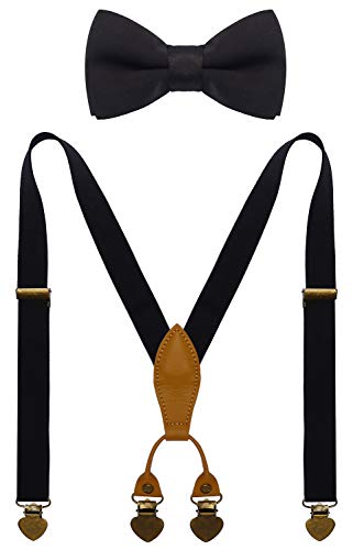 WDSKY Boys' Suspenders and Bow Tie Set Adjustable with 4 Heart Clips 40" Black