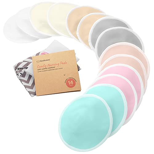 Organic Bamboo Viscose Nursing Pads - 14 Washable Breastfeeding Pads, Wash Bag, Reusable Breast Pads for Breastfeeding, Nipple Pads for Breastfeeding, Breastfeeding Essentials (Pastel Touch, M 3.9")