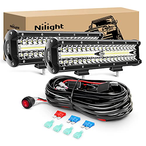 Nilight LED Light Bar 2Pcs 12 Inch 300W Triple Row Flood Spot Combo 30000LM Driving Lights with Off Road Wiring Harness Kit -2 Leads for Trucks ATV UTV SUV, 2 Years Warranty