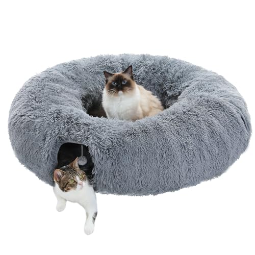 PAWZ Road Large Cat Tunnel, Cat Tunnel Bed with Central Soft Mat and Dangling Balls, Collapsible Fluffy Plush Cat Tube (10.5 Inches in Diameter) for Indoor Cats, Rabbits and Puppies