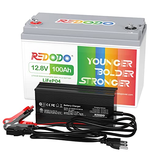 Redodo 12.8V 100Ah LiFePO4 Battery with 14.6V 10A Lithium Battery Charger; Built-in 100A BMS, 10 Hours Fast and Fully Charging, 4000 Cycles Battery for RV, Camping, Solar Home, Marine, Boat etc