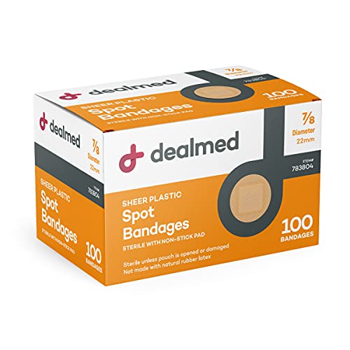 Dealmed Sheer Plastic Spot Bandages  7/8 Small Round Sterile Strips, Adhesive Outer with Non-Stick Pad, Latex Free, Wound Care for First Aid Kit, 100 per Box (1 Pack)