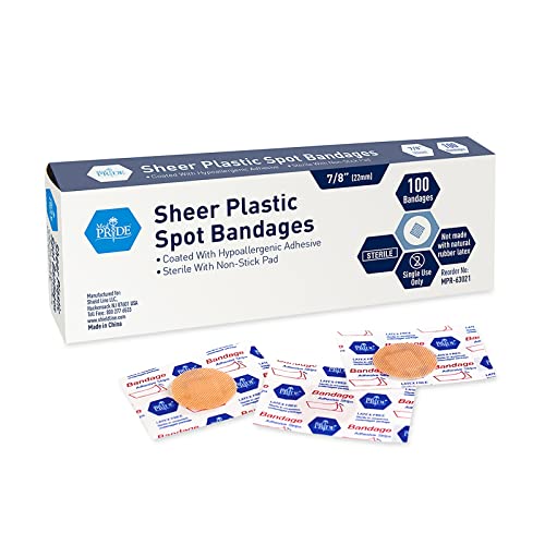 MED PRIDE Sheer Plastic Spot Bandages - 7/8 Sterile Small Round Bandages With Non-Stick Pad For Wound Care- First Aid Strips With Hypoallergenic Adhesive- Mini Latex Free Face Bandages [100 Pieces]