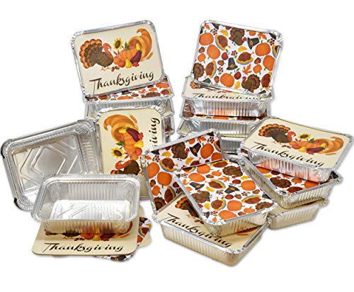 36 Thanksgiving Tin Foil Containers with Lid Covers For Cookies in 2 Holiday Harvest Designs Autumn Aluminum Disposable Food Storage Pans for Fall Treat Goodies Party Leftovers 5"W X 7"L X 1.5"