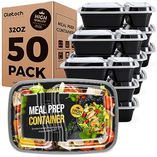 Glotoch 50 Pack 32oz 2 Compartment Meal Prep Container Microwave Safe, Food Prep Containers With Lids For Lunch/Deli/Takeout/Leftover, BPA-Free Freezer & Dishwasher Safe, Black