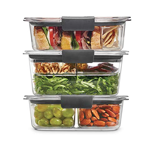 Rubbermaid Brilliance BPA Free Food Storage Containers with Lids, Airtight, for Lunch, Meal Prep, and Leftovers, Set of 3 with Removable Trays