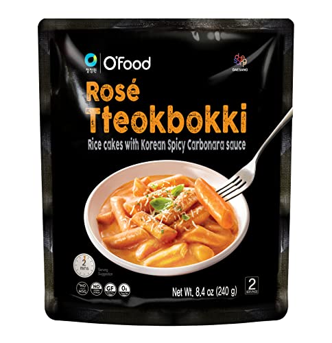 O'Food Tteokbokki Korean Rice Cakes with Rose Sauce, Authentic Instant Spicy Korean Street Food Snack, Perfect with Cheese and Ramen Noodles, Ready to Eat, Gluten Free, No MSG, No Corn Syrup (Rose (Spicy Carbonara))