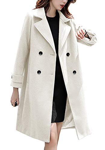 chouyatou Women's Essential Elegant Wear Double Breasted Mid Long Wool Pea Coat (Large, Off White)