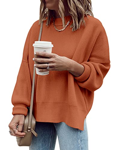 Imily Bela Women's Oversized Tunic Fall Slouchy Long Sleeve Ribbed Knit Side Slit Pullover Jumper Sweater, Orange, X-Large