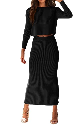 PRETTYGARDEN Women's Fall 2 Piece Sweater Set Rib Knit Long Sleeve Crop Top Maxi Bodycon Skirt Casual Outfits Dress (Black,Small)